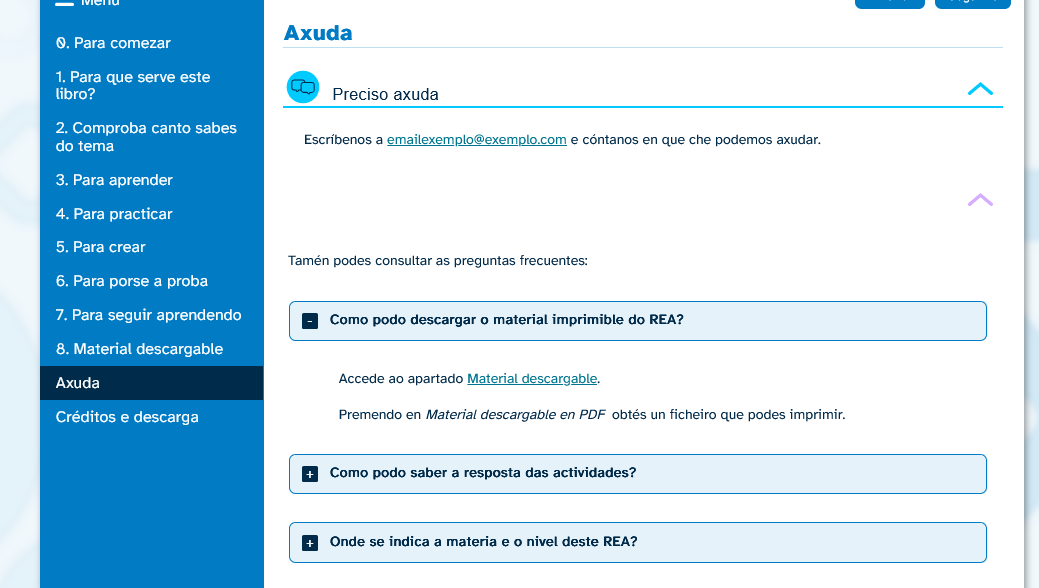Exemplo de apartado "Axuda" Captura de pantalla dun REA na que pode verse un exemplo de apartado "Axuda"