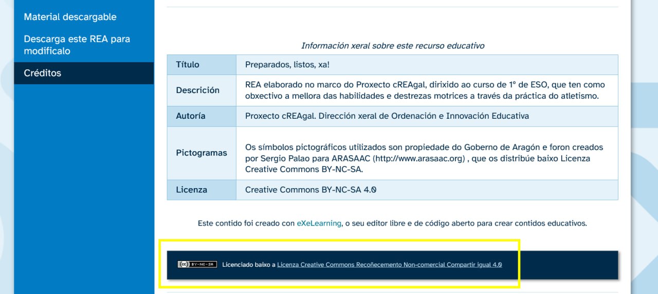 Exemplo de licenza a pé de páxina Captura de pantalla dun REA no que pode versepuede verse a licenza que aparece por defecto no pé de páxina.