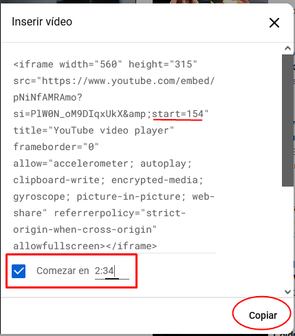 Captura da ventá de YouTube para inserir un vídeo