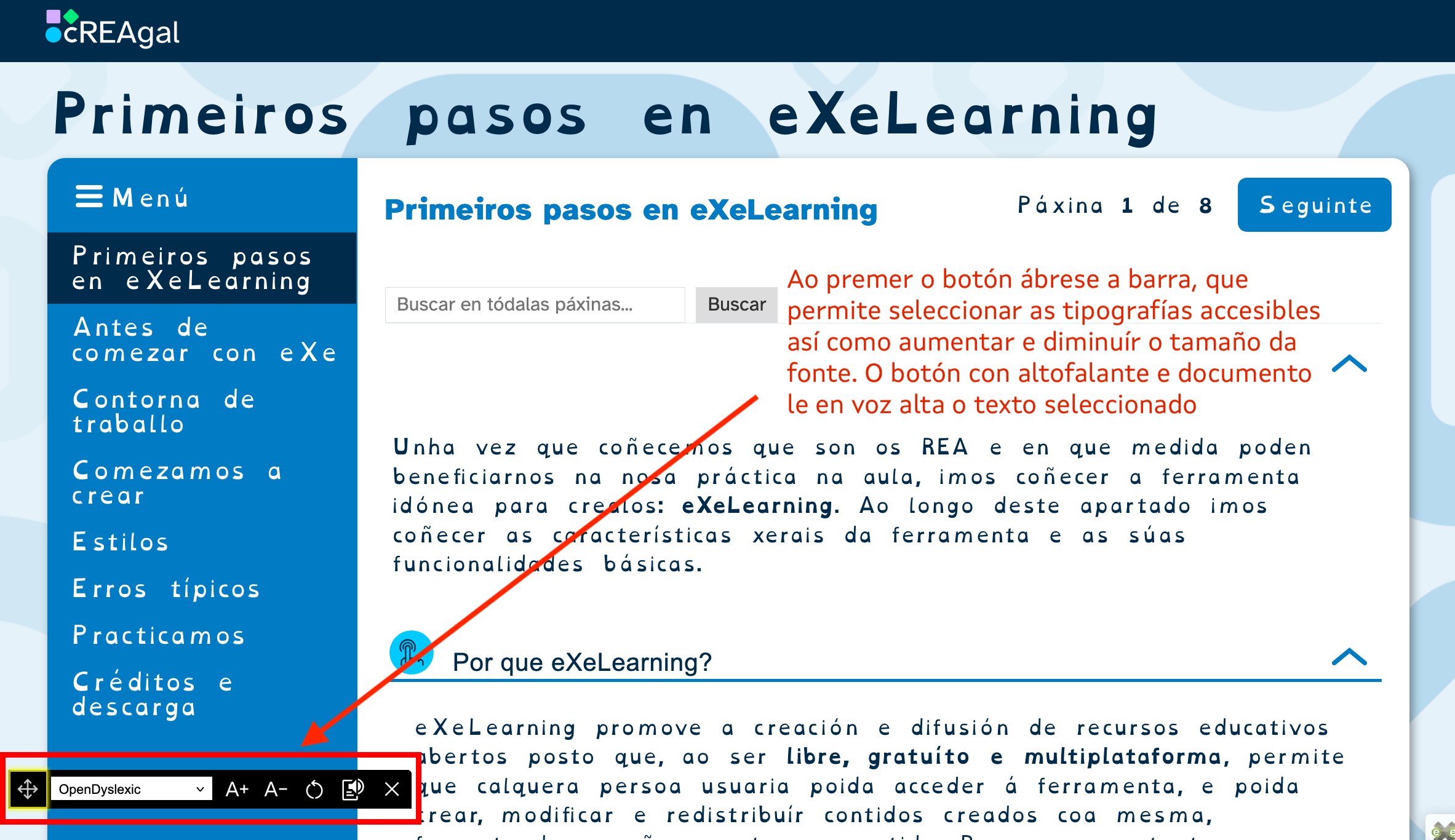 Barra de accesibilidade nun REA Captura de pantalla onde se ve a barra de accesibilidade