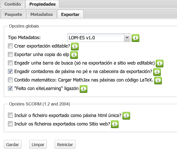 Exemplo de xanela para configurar a paxinación Captura de pantalla da xanela de eXeLearning para incluír paxinación