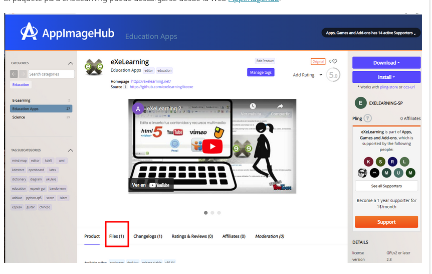 Captura de Github para a descarga da Appimage de eXeLearning