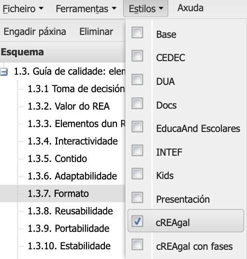 Exemplo de selección de estilo cREAgal en eXeLearning