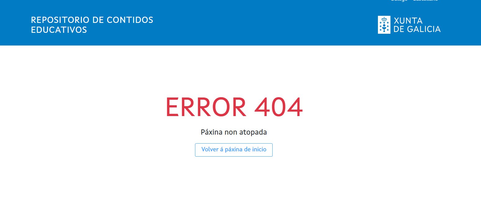 Captura de pantalla que amosa erro 404 na web do repositiorio de contidos