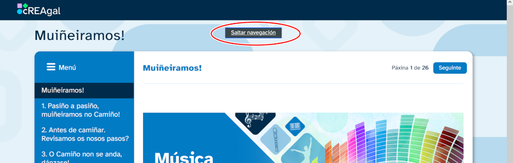 Captura de pantalla dun REA na que pode verse como se resalta un elemento cando é localizado co teclado
