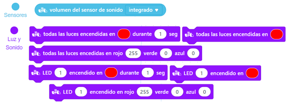 La imagen muestra  bloques de mblock 5 online. Bloque sensor:  volume do sensor de son integrado. Bloques actuador anel LED: diversos bloques que permiten acender todos ou individualmente en diferentes cores os LED multicor do anel LED