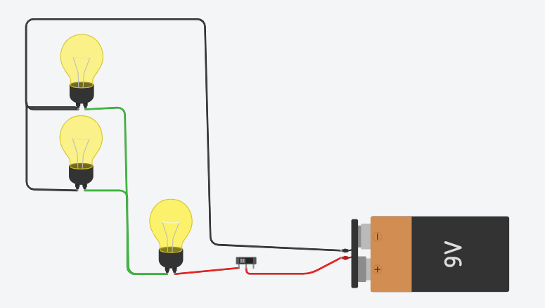 En la imagen se pueden ver 3 bombillas en configuración mixta (circuito hecho en Tinkercad)