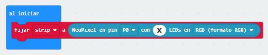 Imagen que muestra el siguiente código: Al inicio fijar tira en pin P0 con x LED de tipo RGB