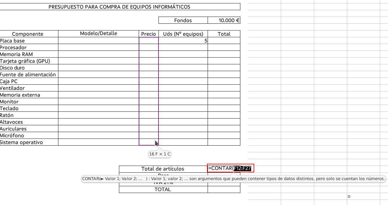 La imagen muestra una captura de LibreOffice Calc