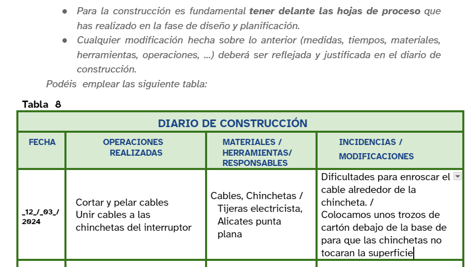 Imagen con Ejemplo de entrada en el diario de construcción