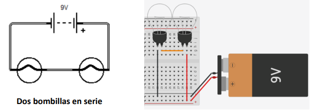 En la imagen se muestra un circuito con dos bombillas en serie montadas en una placa de pruebas