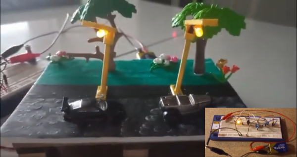 Fotografía de una maqueta con un interruptor crepuscular y farolas