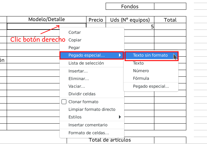 La imagen muestra una captura de LibreOffice Calc