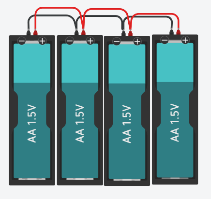 En la imagen se pueden ver cuatro pilas en paralelo (hecho con Tinkercad)