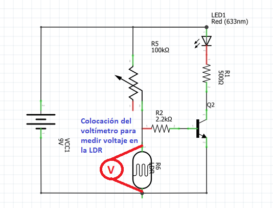 En la imagen se indica el punto de conexión del voltímetro en el esquema del circuito del sensor crepuscular con Fritzing