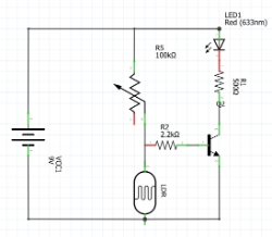 En la imagen se muestra el esquema simbólico del sensor crepuscular hecho con Fritzing