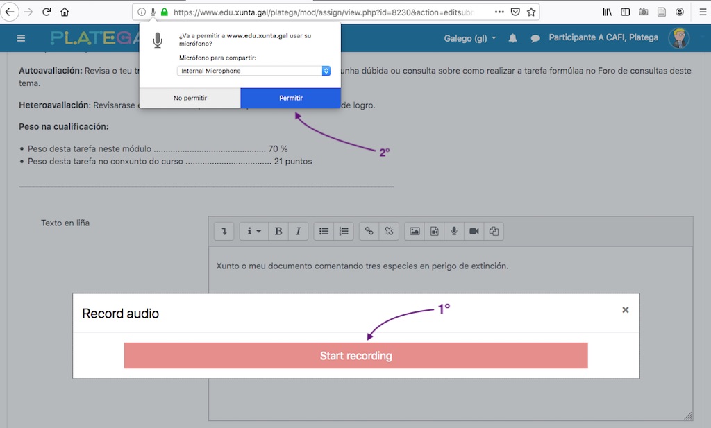 Autorizar uso do micrófono / webcam para gravar