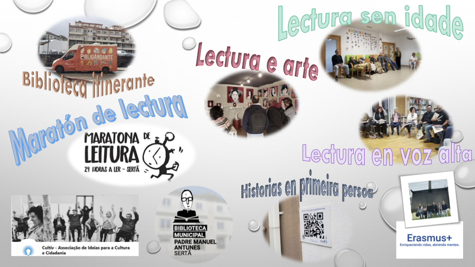 Cartel resumo da mobilidade á Sertã. Lectura sen idade, lectura e arte, biblioteca itinerante, maratón de lectura e historia 