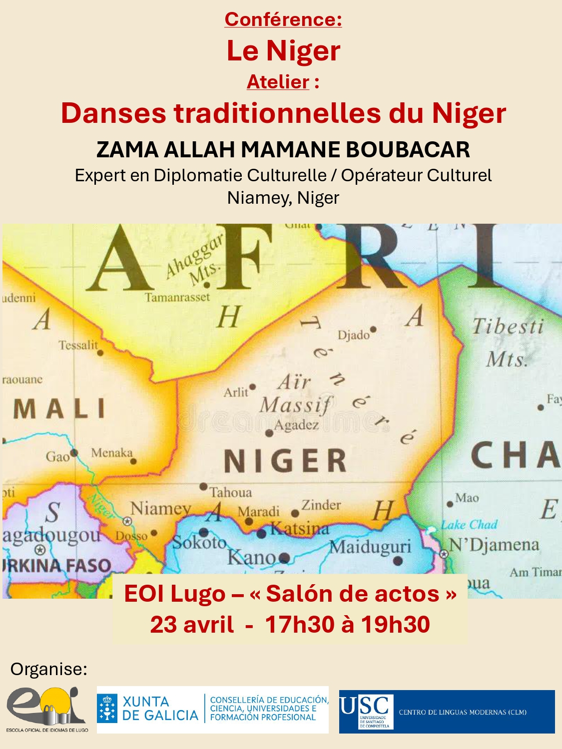 Cartel da Conferencia do Níxer e obradoiro de danzas nixerianas. O 23 de abril de 17.30 a 19.30