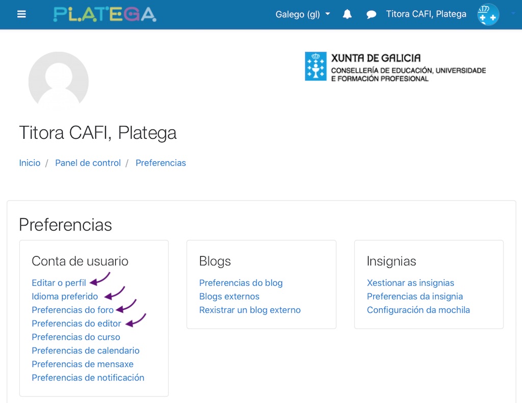 Preferencias da conta de usuario Paltega Preferencias da conta de usuario Paltega