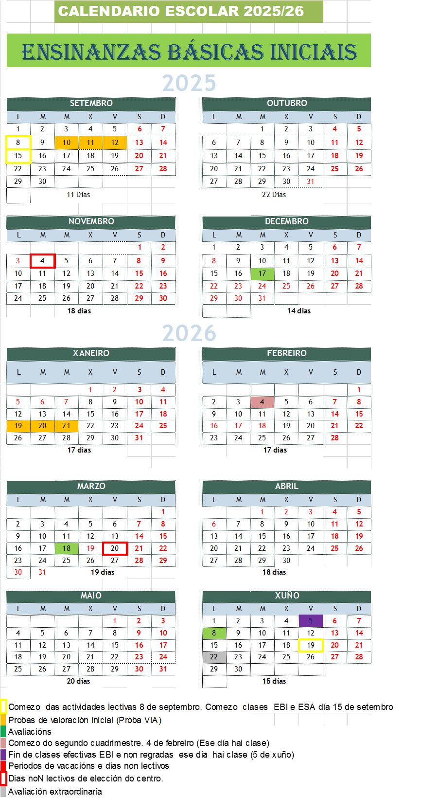 Calendario de ensinanzas inciais