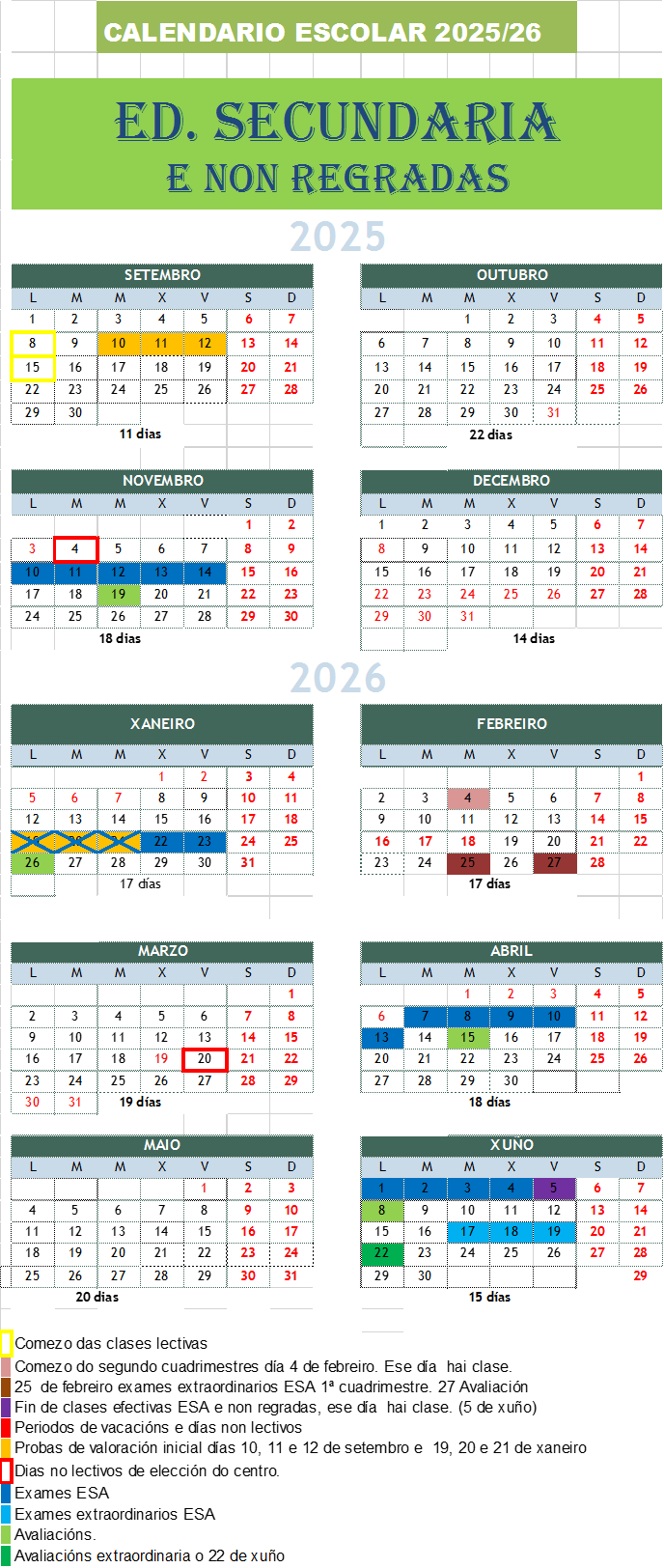 Calendario de ensinanzas secundarias