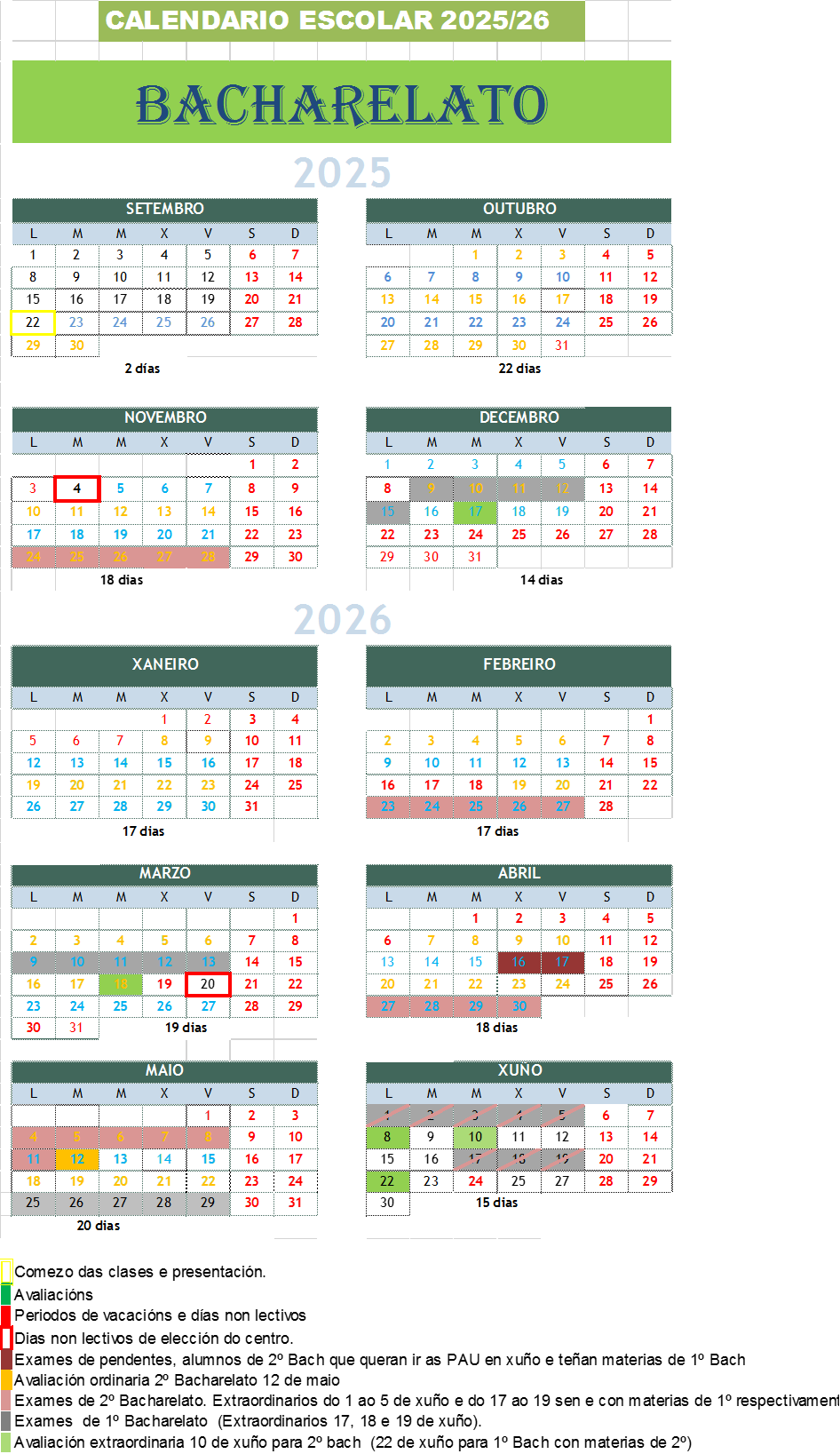 Calendario de bacharelato