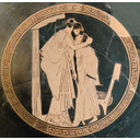 Erastes (lover) and eromenos (beloved) kissing. Tondo of an Attic red-figured cup. 