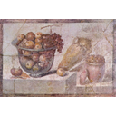 Wall painting from Pompeii (ca. 70 AD) depicting autumn produce: grapes, apples, and pomegranates overflowing a large glass bowl, next to a tilting amphora and a terracotta pot of preserved fruit.