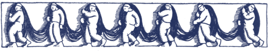 Imaxe da Revista Nós. Traballadores en liña que portan unha corda