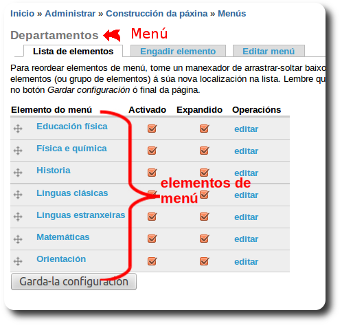 Menú e elementos de menú Menú e elementos de menú
