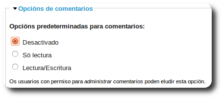Opcións predeterminadas para comentarios