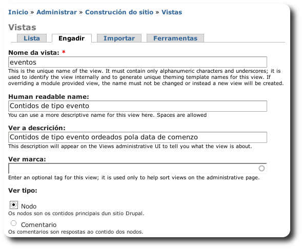 Engadir vista manualmente