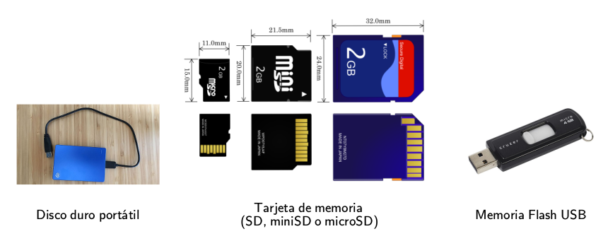 Ejemplos de memorias externas La imagen muestra un disco duro externo, tarjetas de memoria de diferentes tamaños y un lápiz de memoria USB