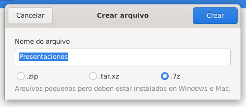 La imagen muestra una la ventana de diálogo Abalar para comprimir en .7z