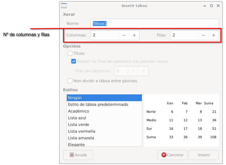 Tablas en Writer Ventana de configuración de tablas en Writer