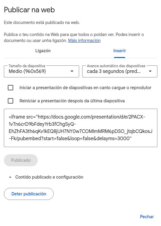 Código html dunha presentación publicada en Drive