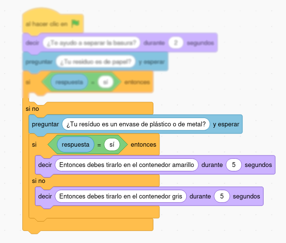 Opción si si no Bloque Scratch si, si no (pregunta ¿Tu residuo es un envase de plástico o de metal? , si la respuesta es sí: Entonces debes tirarlo en el contenedor amarillo; si la respuesta es no: Entonces debes tirarlo en el contenedor gris