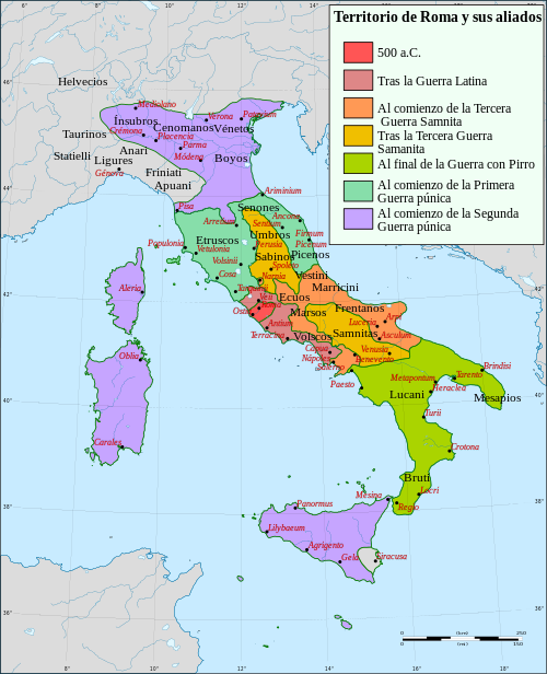 Mapa de Italia con el territorio de Roma y los diversos pueblos itálicos