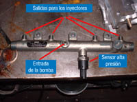 En la imagen podemos apreciar el raíl de  un Common Rail, así como el sensor de presión.