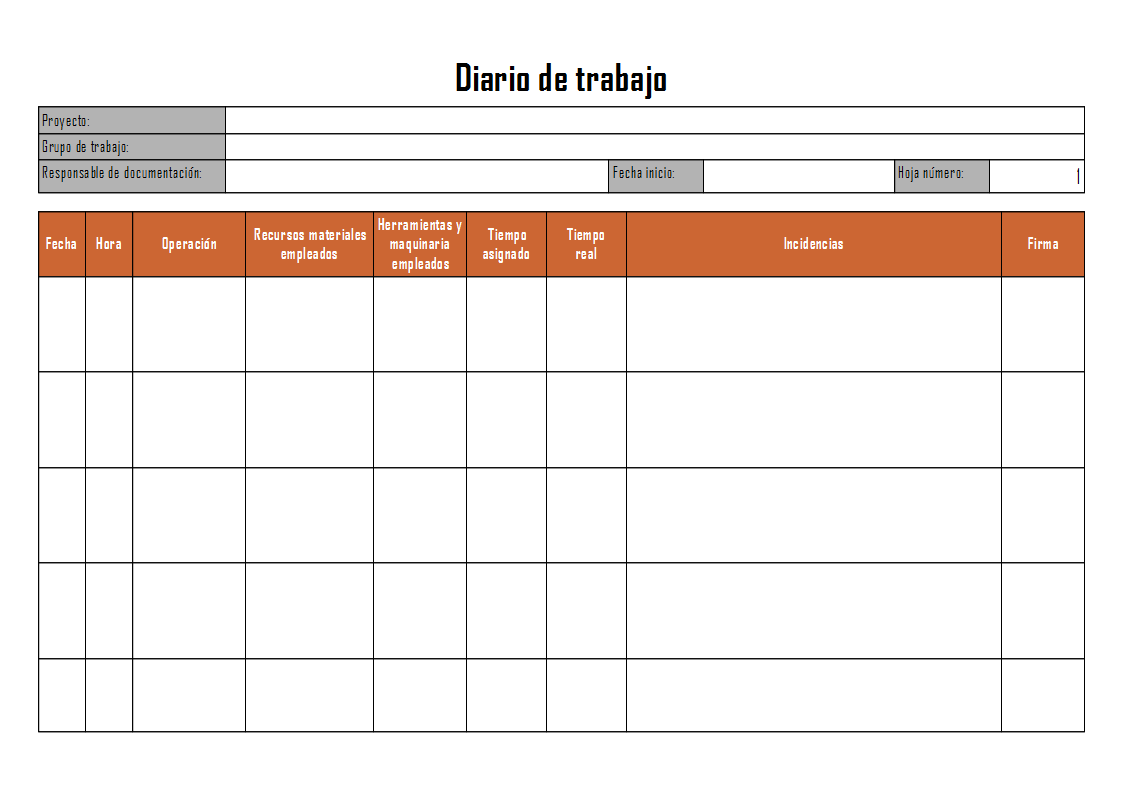 Modelo de diario de trabajo. Imagen con una tabla modelo para un disrio de trabajo para la fase de construcción de un proyecto.