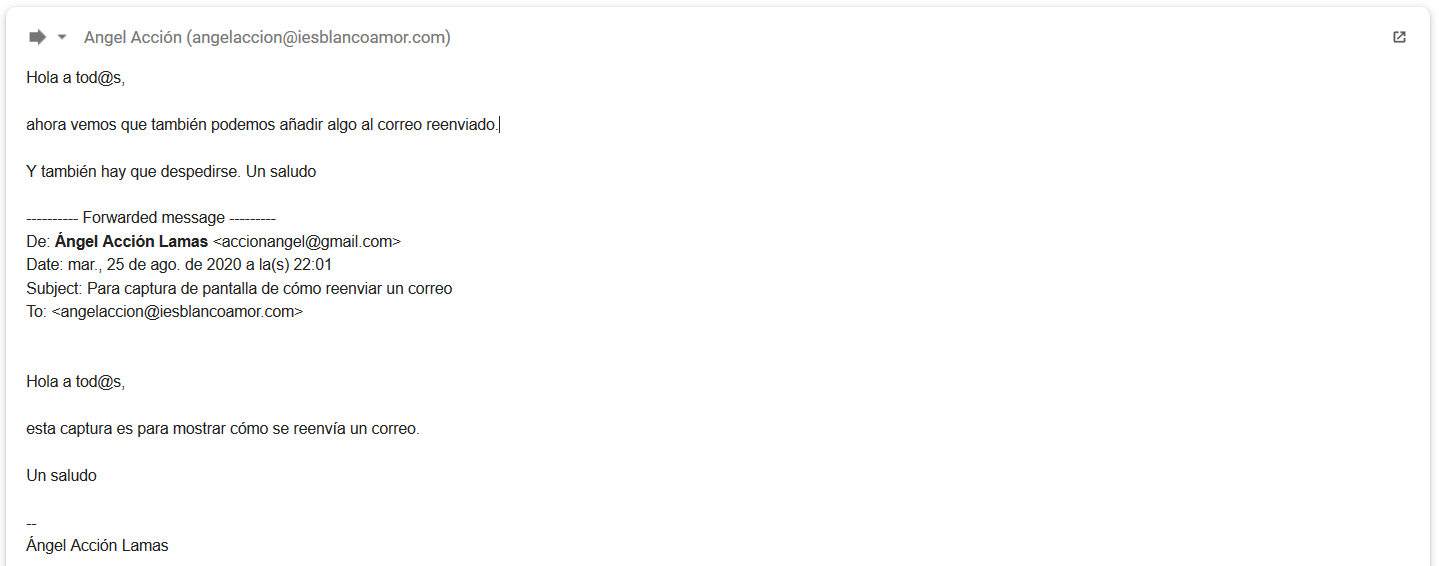 Captura de pantalla de un reenvío de correo.