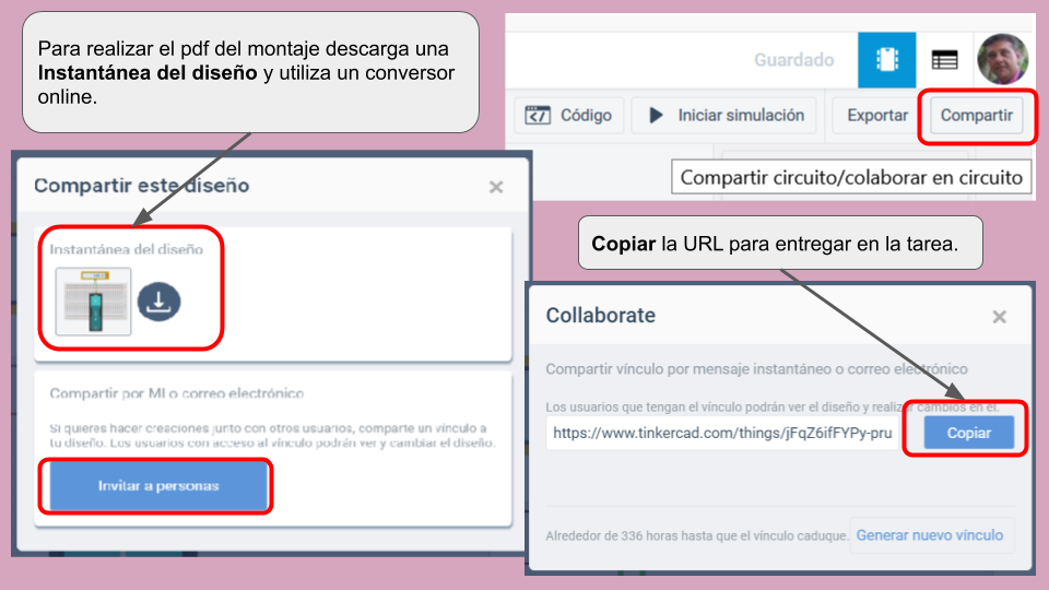 Diapositiva explicativa de cómo entregar los montajes en Tinkercad.