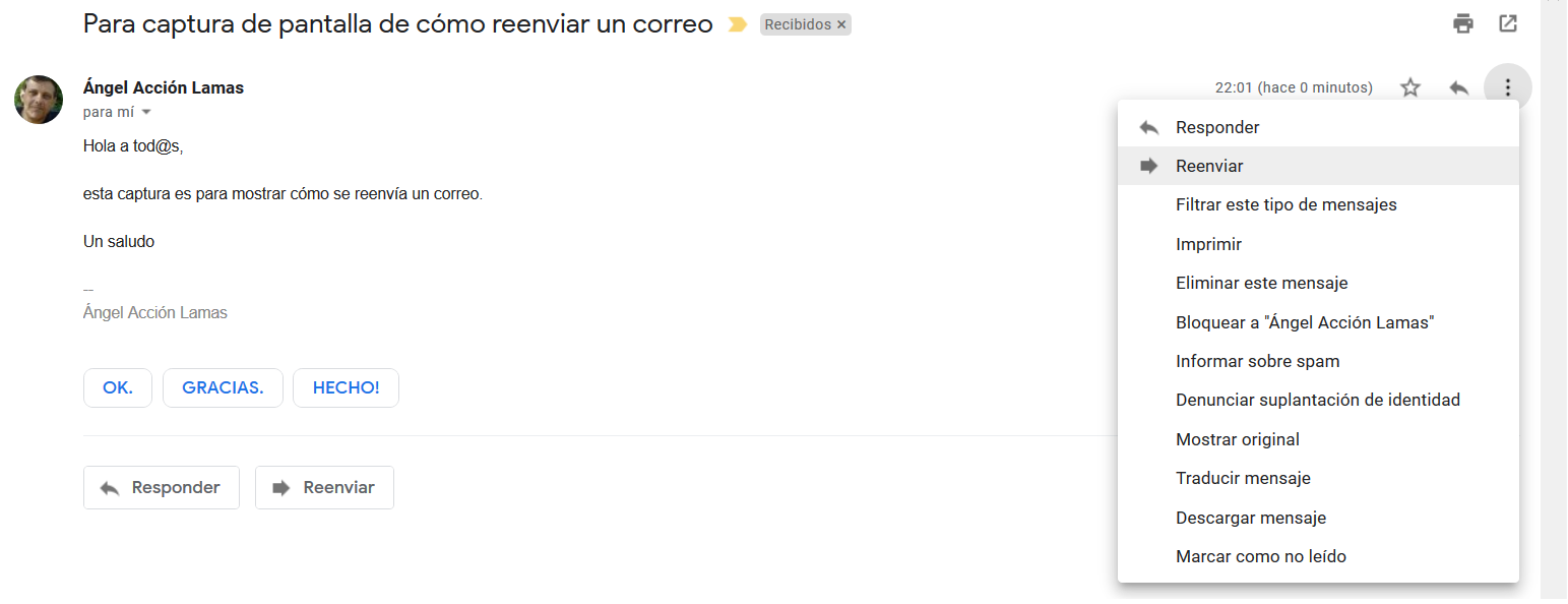 Captura de pantalla de un reenvío de correo.