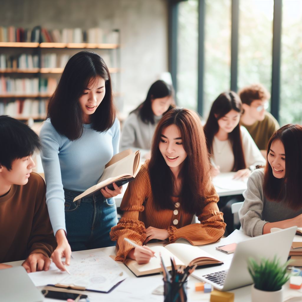Haz una imagen con calidad fotográfica donde se vea los alumnos trabajando en grupo