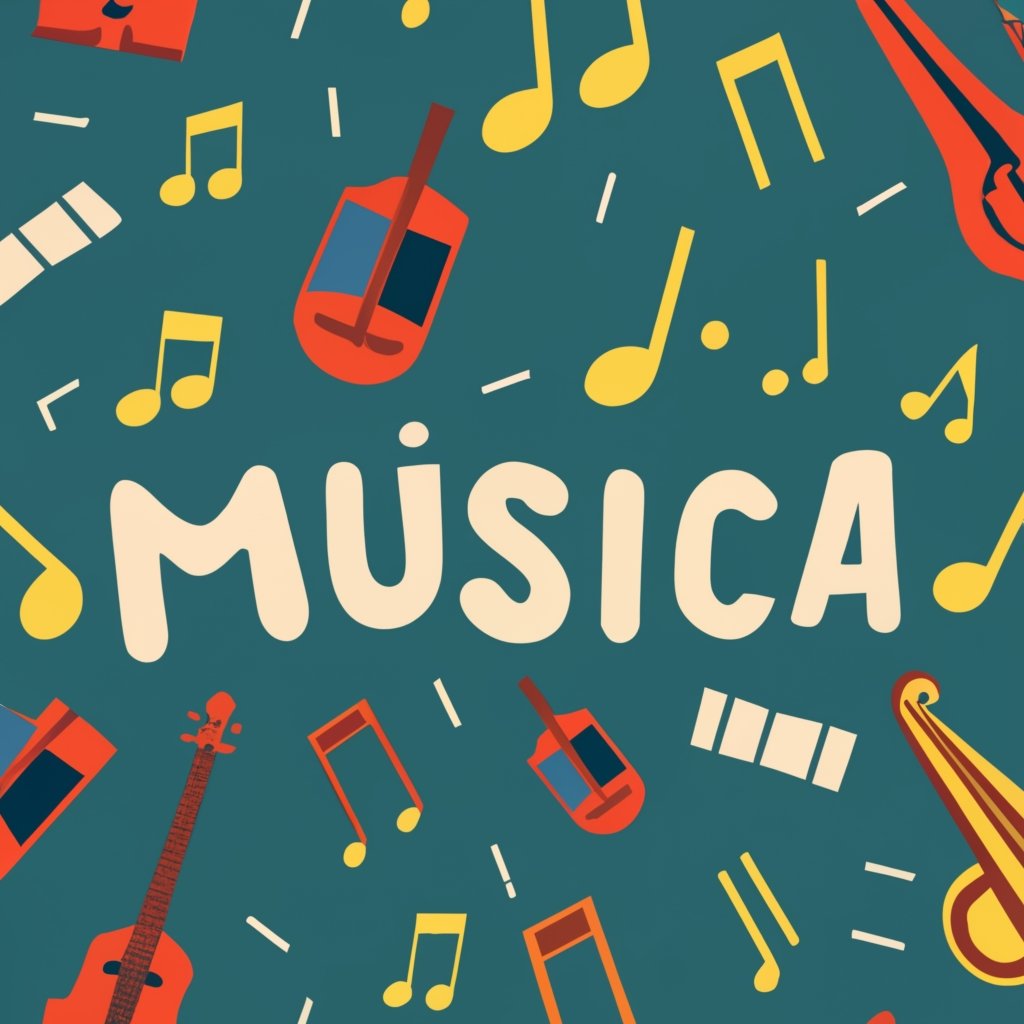 Texto: "Música" rodeado por instrumentos y notas musicales