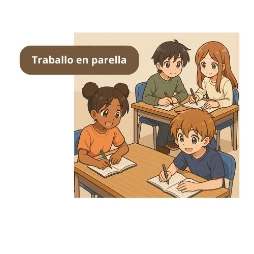 Imaxe de dous grupos de alumnos traballando xuntos