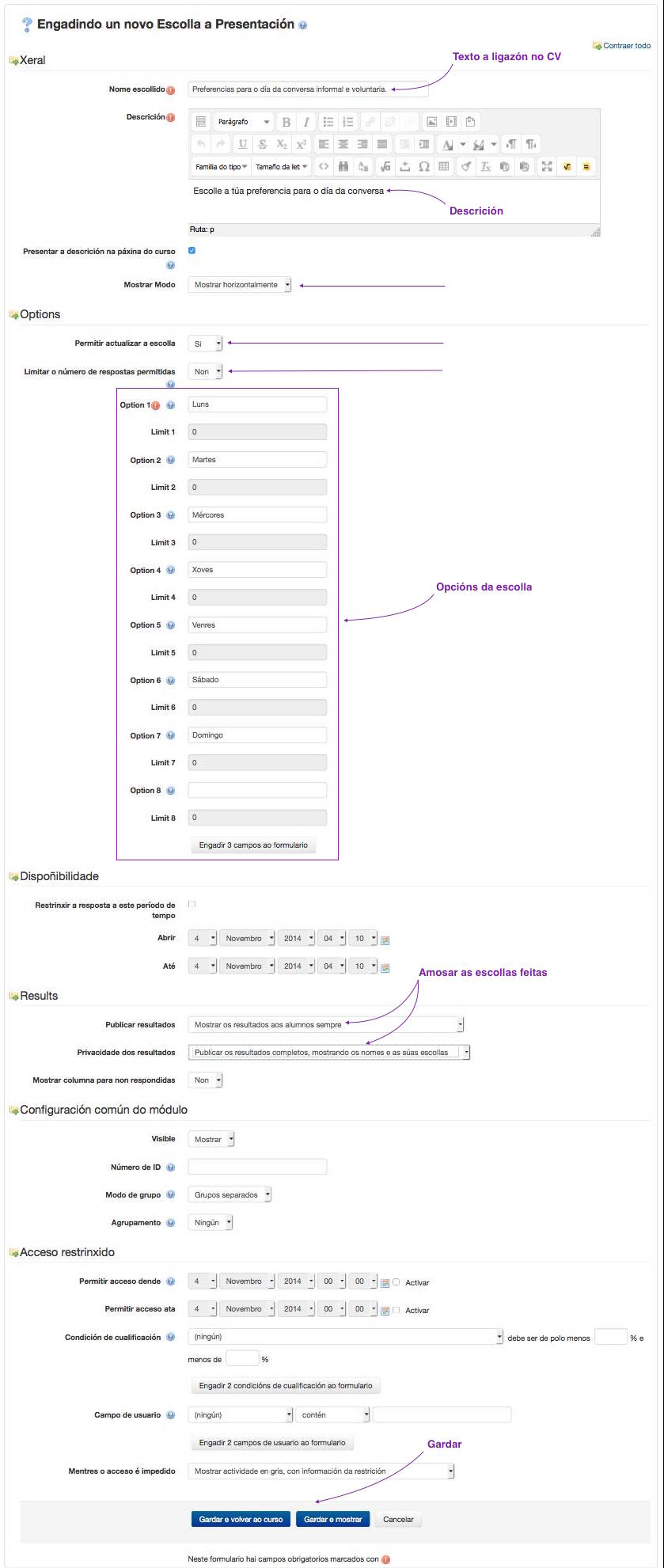 Formulario de configuración da actividade "Escolla"