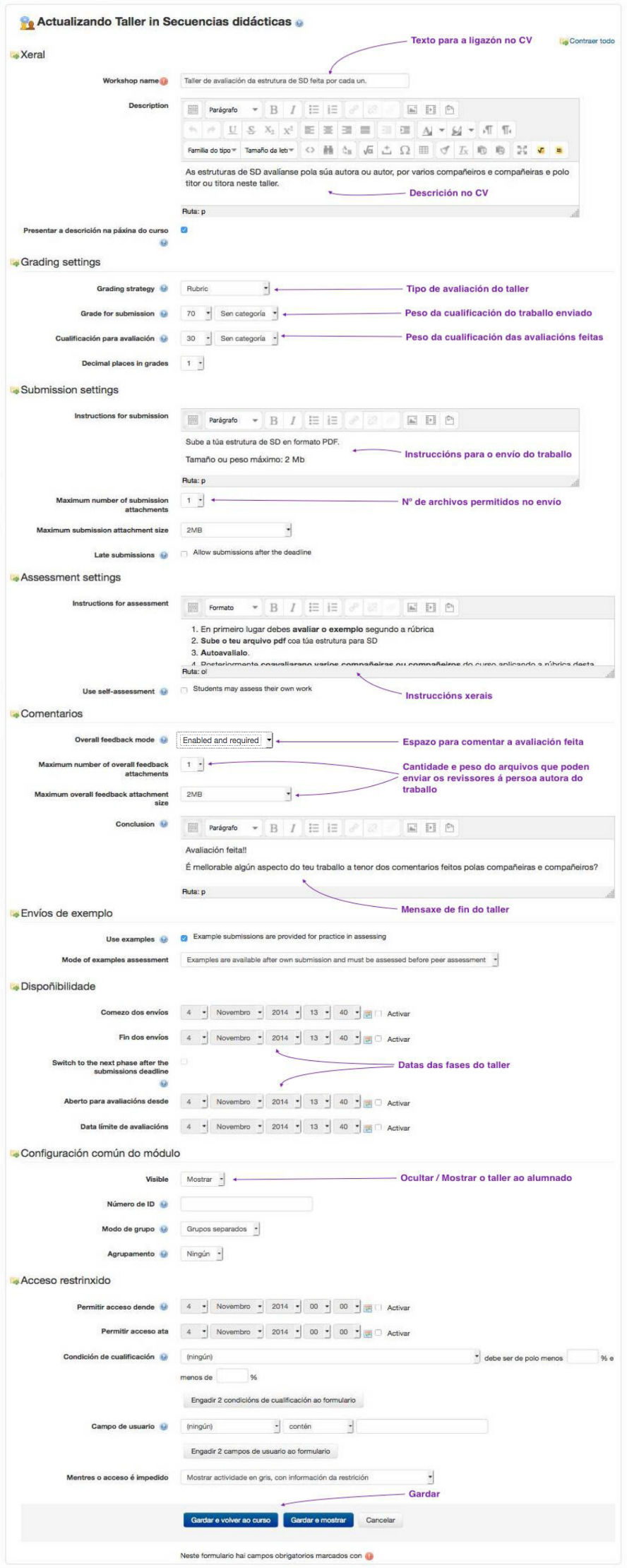 Formulario de configuración da actividade "Taller"