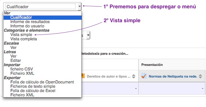 Captura de pantalla coa configuración do cualificador: Menú despregable, vista simple.